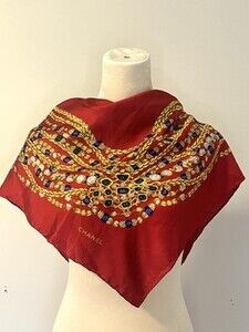 CHANEL Red Silk Scarf with Gold Chains. Great Condition. 33 X 33 Inches